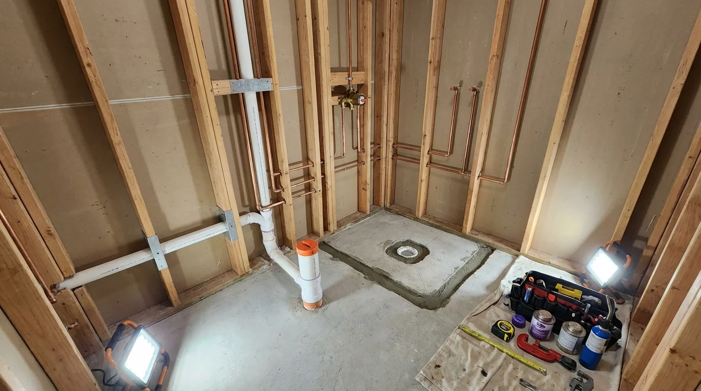Bathroom rough-in plumbing during remodel by Johns Plumbing LLC in Thornton