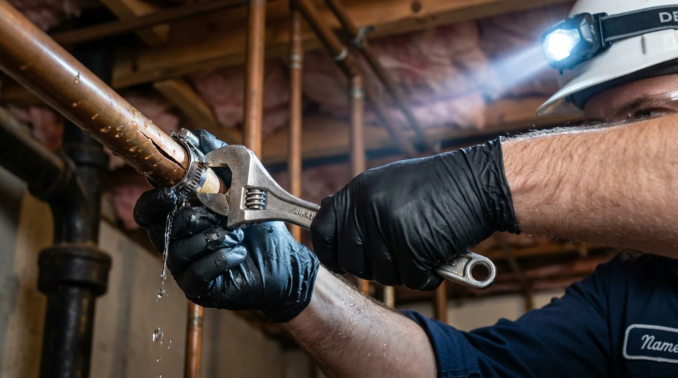 Emergency pipe clamp repair being performed by a Johns Plumbing LLC plumber in Thornton