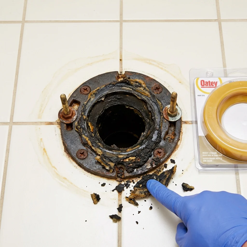 Failed wax ring showing water seepage at the base of a toilet in a Thornton, NH home