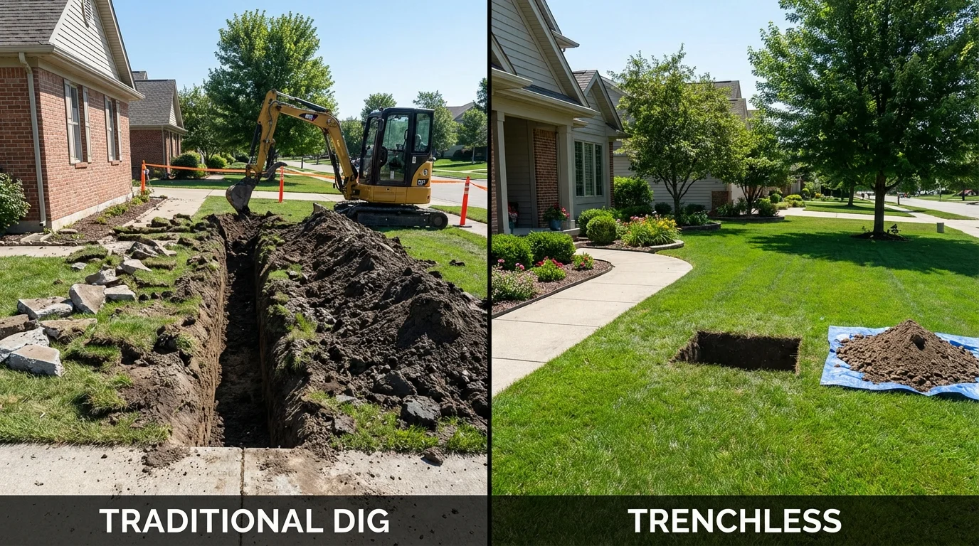 Trenchless sewer repair with minimal yard damage versus traditional excavation in Thornton, NH