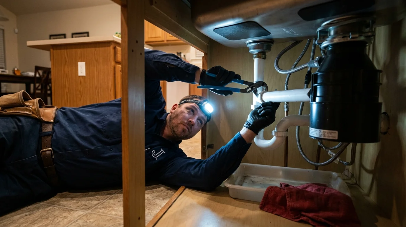 P-trap and supply line connections under a kitchen sink showing a common leak point in Thornton, NH